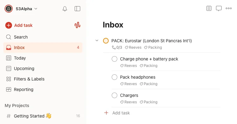 Pack reminder - Todoist packing list