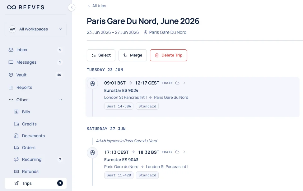 The Trip - itinerary timeline
